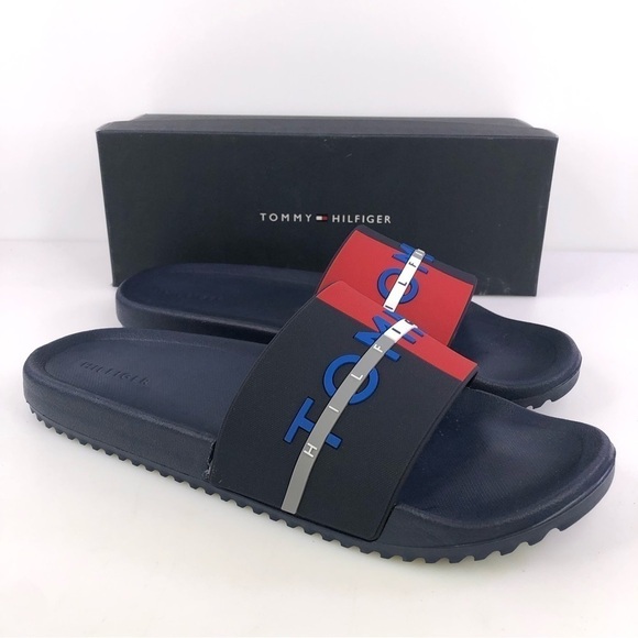 Tommy Hilfiger Men\'s Rafael Color Block Pool Slides in Gray-Size 13M
